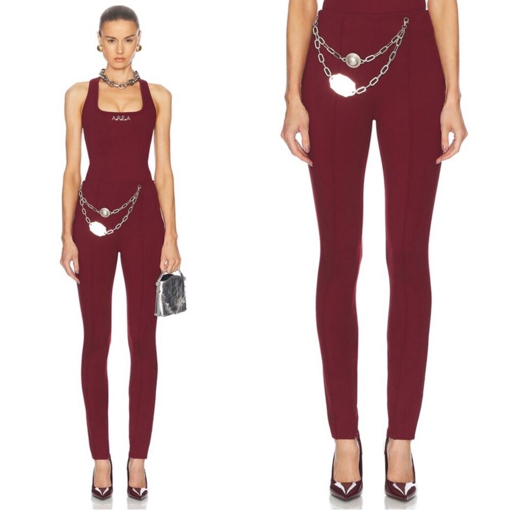 AREA Chain Plate Belt High Waist Pintuck Burgundy Red Legging Size Small - Picture 2 of 7